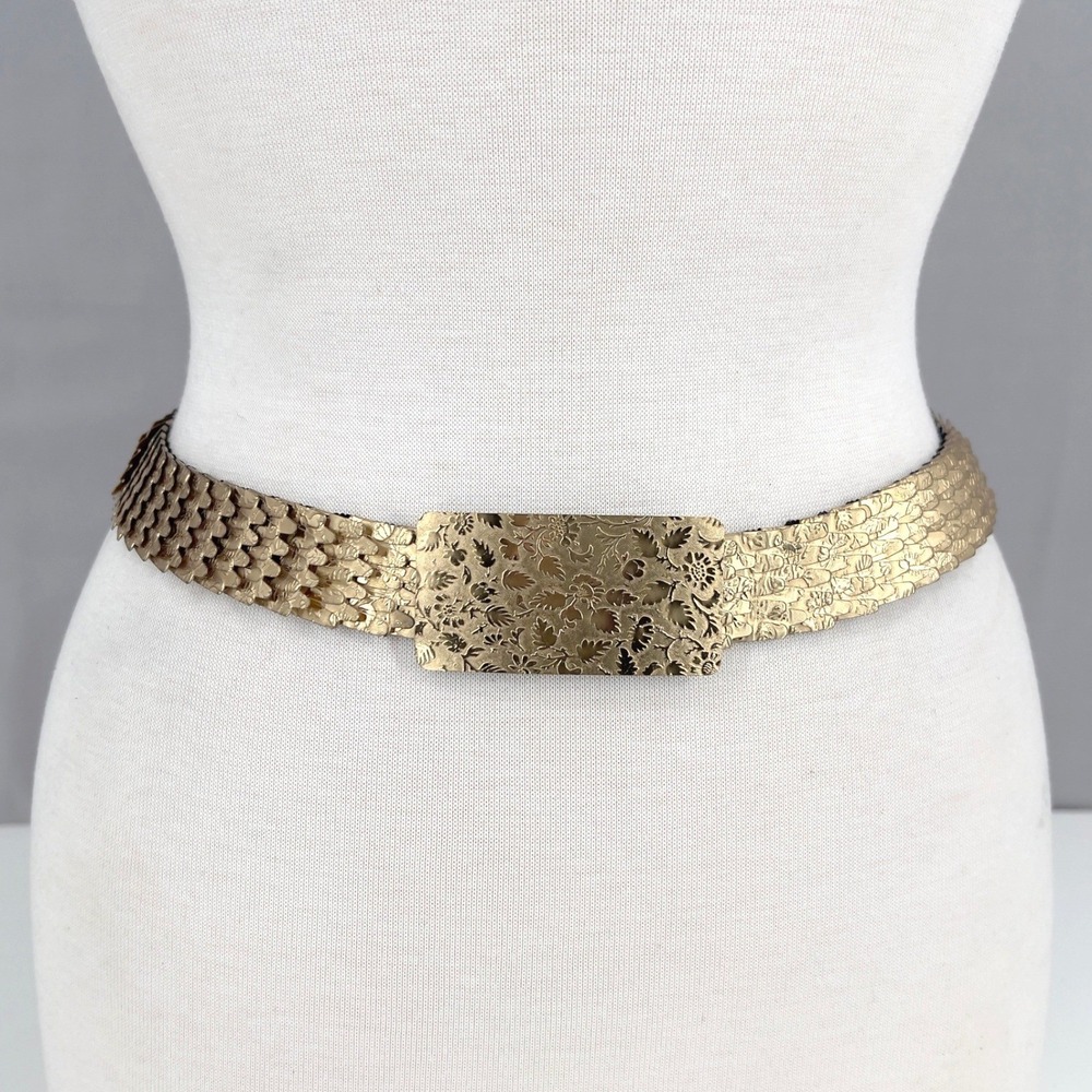 Vintage‎ 70s 80s Womens Stretch Belt Gold Scale Texture 27 in S/M